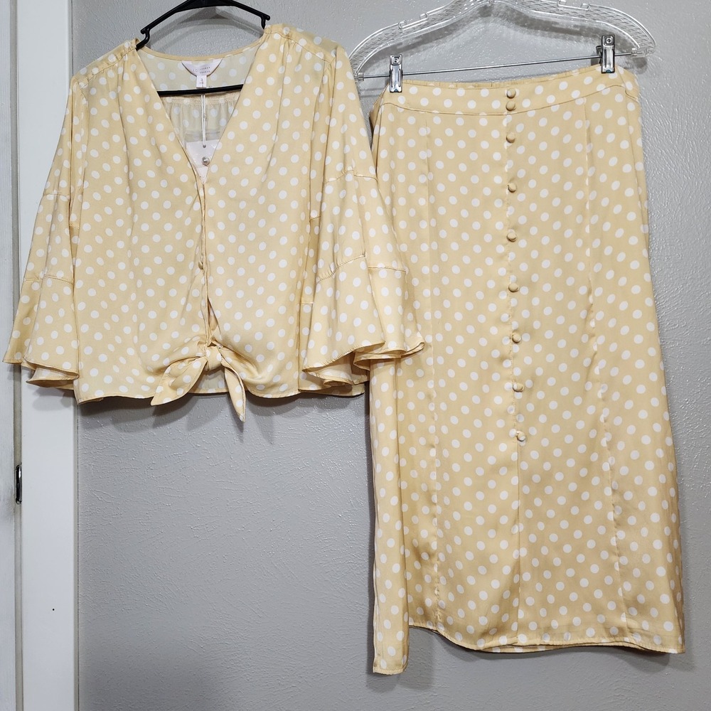 Lauren Conrad Blouse Skirt Set Women's Size Large Flare Sleeve Midi Button Down